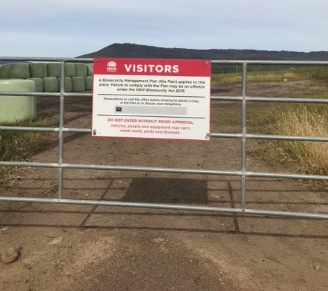 Biosecurity sign on farm gate