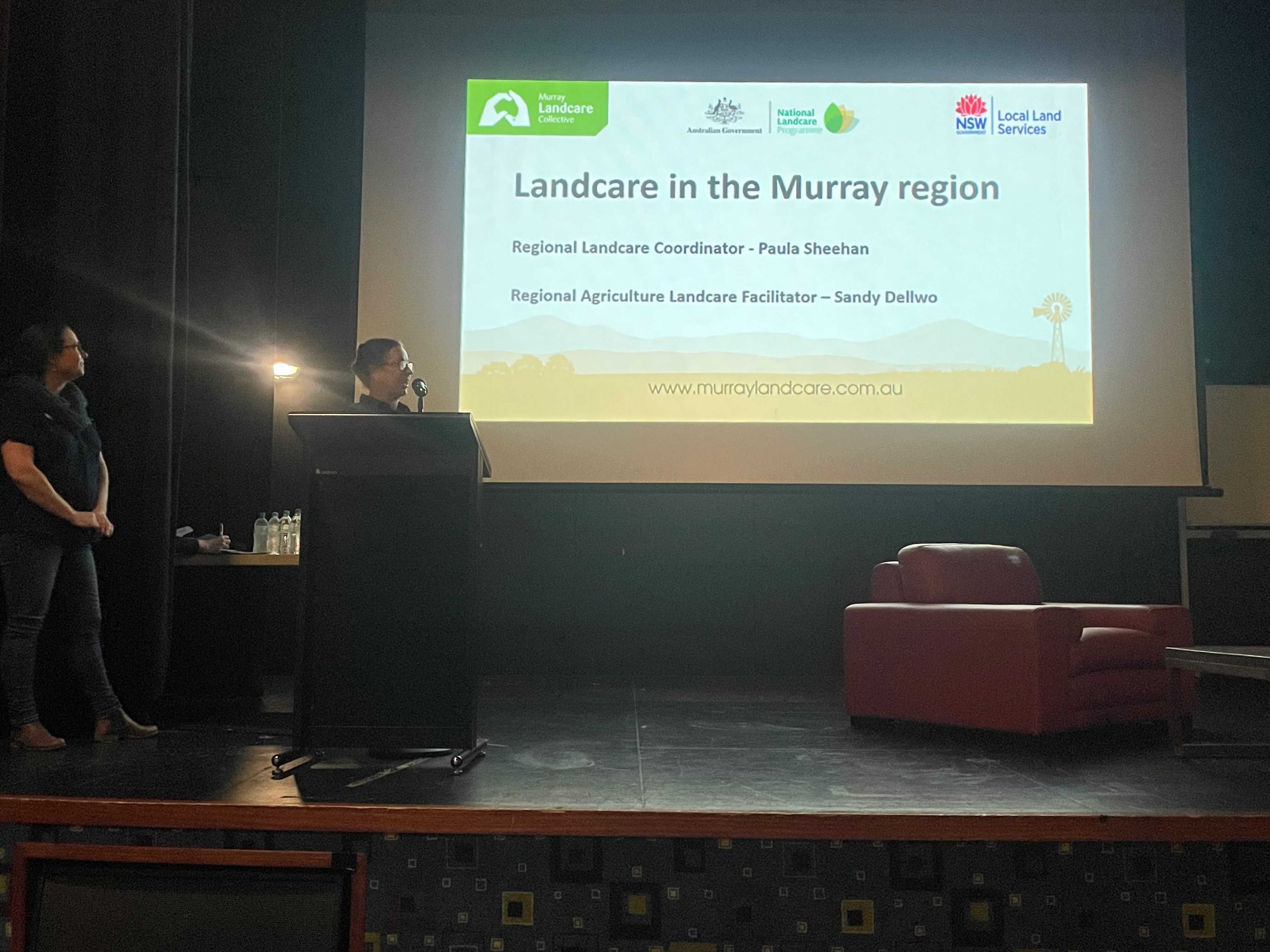 Presentation screen with the words Landcare in the Murray region