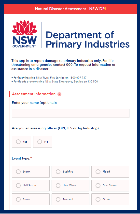 Primary industries natural disaster damage survey form