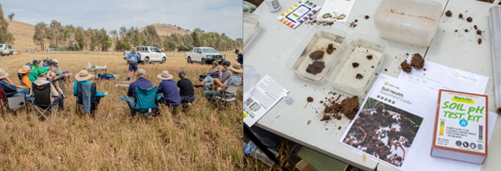 two images the first is a group of people sitting in chairs in a dry grassy paddock listening to a speaker, the second is a table with soil samples and brochures