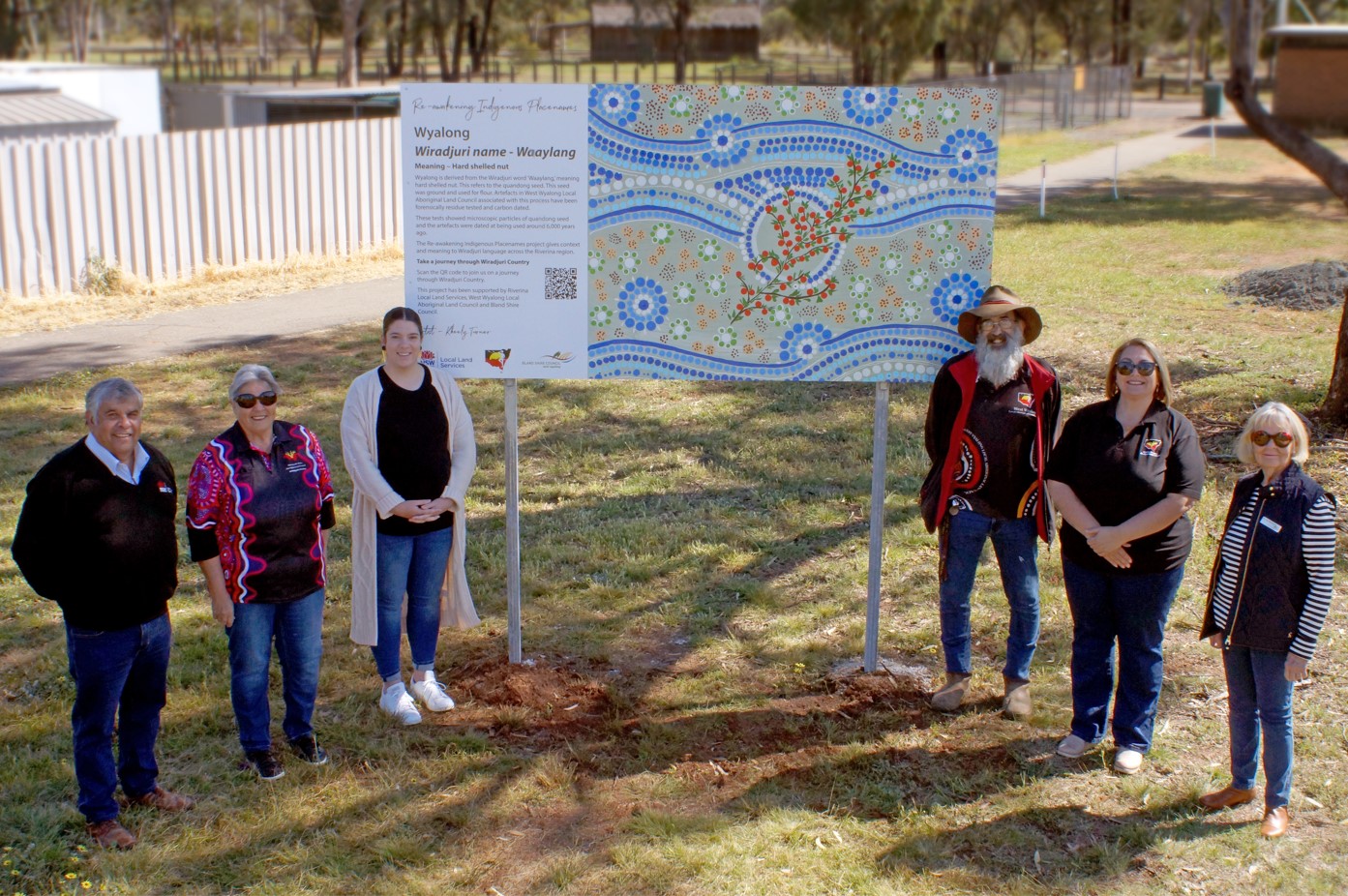 Project partners standing beside West Wyalong placename signage
