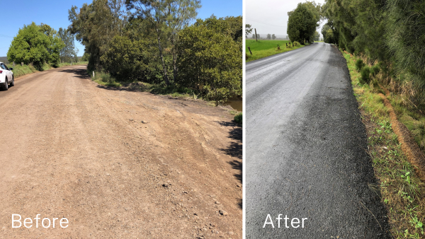 Before and after of Mayfield road, with before image of dirt road, and after image of sealed road