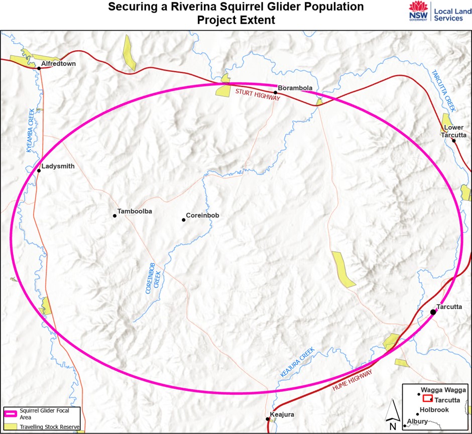 Squirrel glider project area map in the Riverina