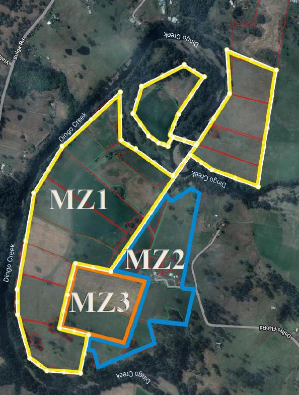 an aerial map view of pastures with coloured outlines