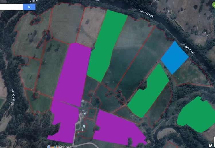 an aerial view of pastures with red outlines and green, purple and blue shaded sections