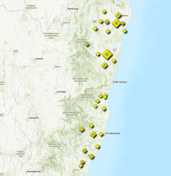 A map of the North Coast area of New South Wales with town names and yellow diamonds highlighting LGA's.