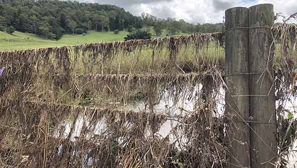 Fence that has been in the floods, now covered in debris 