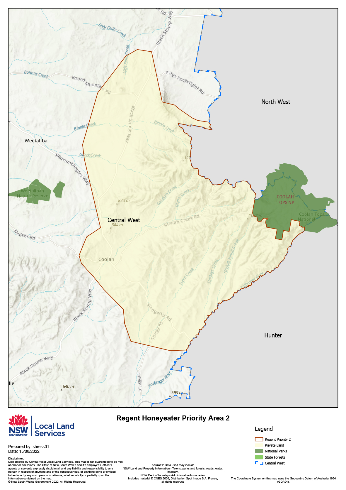 Map of Regent Honeyeater Priority Area 2