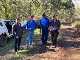 Four people conducting a cultural heritage survey at Coolah Creek 