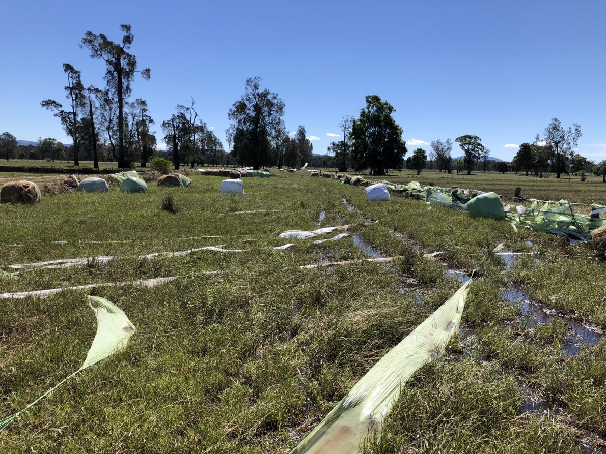 Displaced silage hay bales following flood