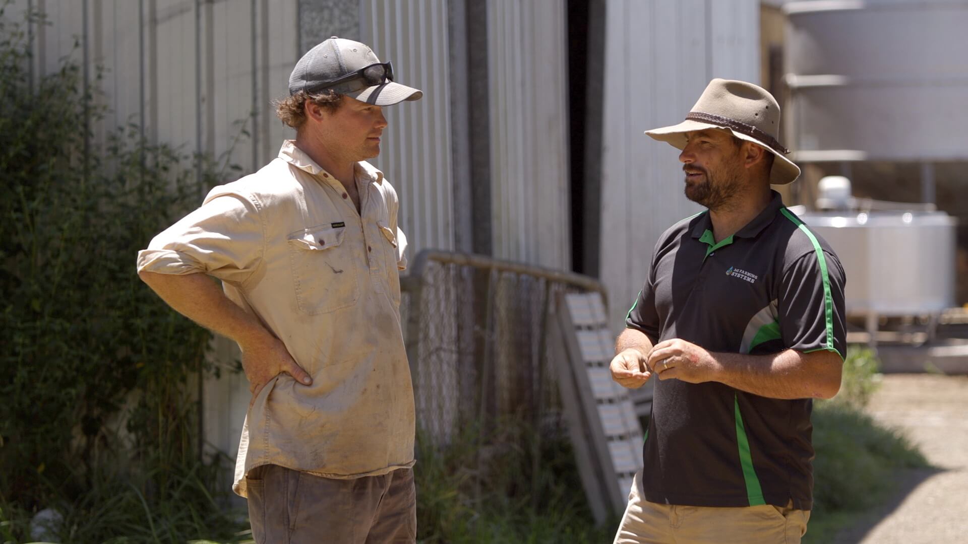 Two men standing looking at one another talking. There are sheds and silos in the background that are blurred out and a shed behind the men that has a bush and long grass growing against it with an old farm gate leaning up against the wall