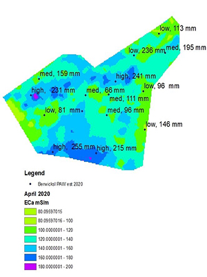 EMI survey of the same paddock six months later with increased conductivity and soil moisture. 