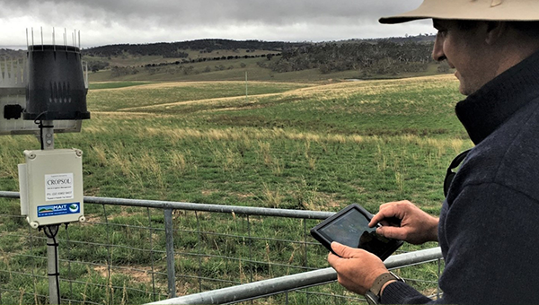 A person standing in a paddock holding a tablet in the direction of a gadget on a stand