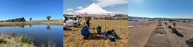 Three images, the first of a dam surrounded by grass, the second is 4 people under a white marquee in a paddock, and lastly an aerial view of a dry paddock with brown soil