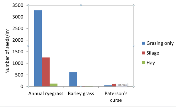 The number of weed seeds present per square metre in a rundown perennial pasture following three years of grazing, silage making or hay making at Wagga Wagga, NSW. (source: Bowcher 2002).