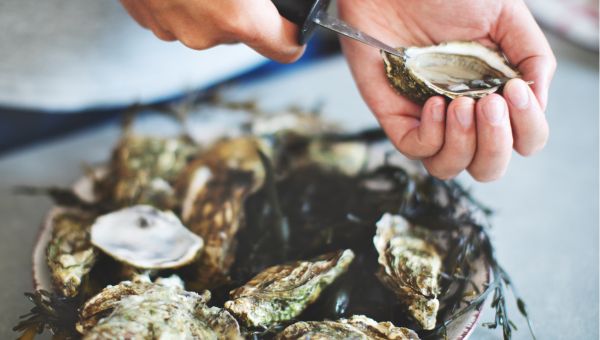 a hand opening a oyster with a plate of oysters